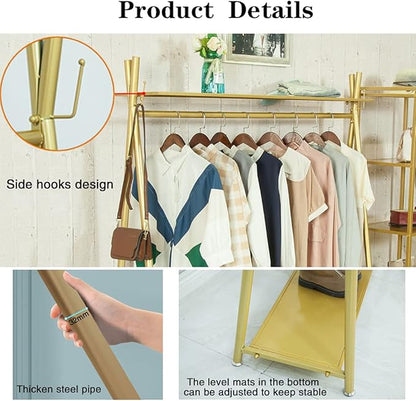 MAIKAILUN Freestanding Industrial Gold Clothes Rack with Double Shelves, Heavy Duty Movable Coat Rack for Organizing Clothes and Shoes (47'' L)