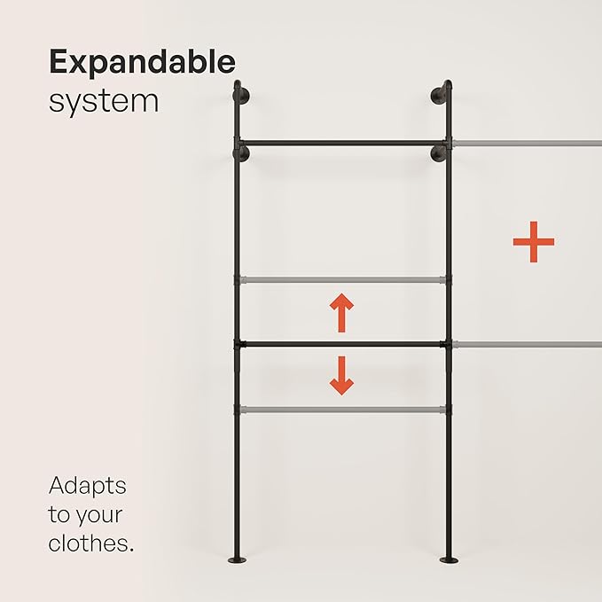 pamo Industrial Pipe Clothing Rack - 265 lbs Capacity - Wall Mounted Clothes Rack and Walk In Closet for Wardrobe