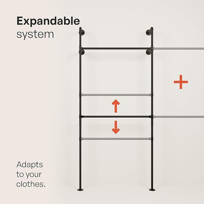 pamo Industrial Pipe Clothing Rack - 265 lbs Capacity - Wall Mounted Clothes Rack and Walk In Closet for Wardrobe