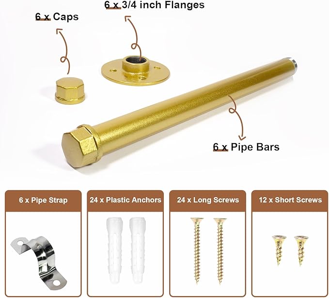 6 Pcs Industrial Pipe Clothes Bar 12 Inch - Wall Mount Clothing Rack - Face Out Closet Rods for Hanging Clothes Commercial Retail Boutique Laundry Shirt Display - Golden