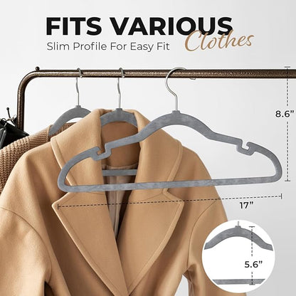 30 Pack Velvet Hanger for Shirt Pants Dresses Skirts Suits Jackets - Slim Space Saving Design - Standard Coat Hanger - Sturdy & Durable Design with Shoulder Grooves Hook - Grey