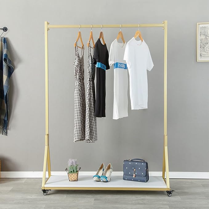 Modern Simple Heavy Duty Metal and Wood Rolling Clothing Garment Rack with Wheel,Creative Commercial Wedding Dress Display Shelf,Floor-Standing Clothes Hangers (Gold with Wood, 47.2" L)