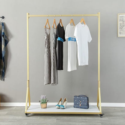 Modern Simple Heavy Duty Metal and Wood Rolling Clothing Garment Rack with Wheel,Creative Commercial Wedding Dress Display Shelf,Floor-Standing Clothes Hangers (Gold with Wood, 47.2" L)