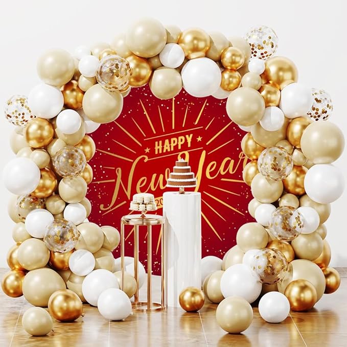 Leowefowa Happy New Year Round Backdrop Cover Red 2026 New Year Circle Background Red and Gold Sequins Glitter Dot New Years Eve Celebration Festival Party Banner Decor Photo Studio Props 7.5x7.5ft