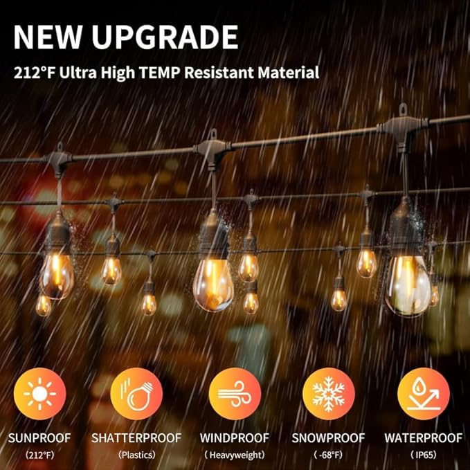 100FT LED Outdoor String Lights with 60+4 Waterproof Bulbs(𝟏.𝟓𝐅𝐓 𝐁𝐮𝐥𝐛𝐥𝐬 𝐒𝐩𝐚𝐜𝐢𝐧𝐠), Remote & Dimmer, Commercial Grade Patio Lights with 3 Mode Light & Timing, 100PC Ties