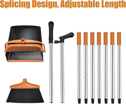 Broom and Dustpan Set with Long Handle and 6 Bonus Cleaning Tools, Upright Standing Combo with Self-Cleaning Teeth & Windproof Dustpan for Pet Hair, Home, Kitchen, Garage, Apartment
