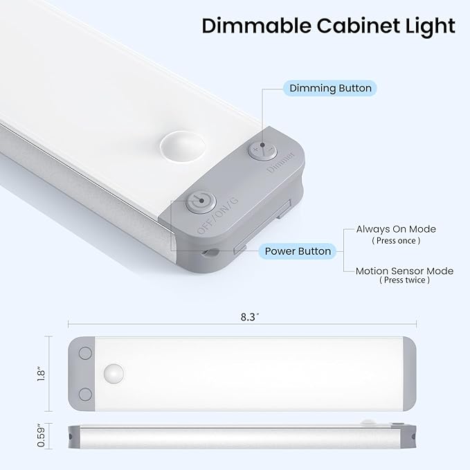 Under Cabinet Lights 3-Pack, 8.3 Inch Motion Sensor Light Indoor,USB-C Rechargeable 1500mAh Magnetic & Dimmable 30 LEDs Cool White for Kitchen, Closet, Hallway