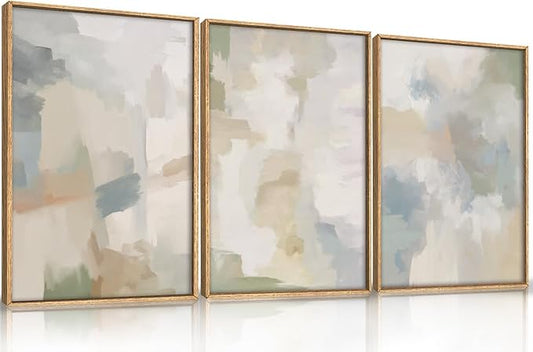 Large Abstract Gray Pastel Framed Canvas Wall Art Set,Neutral Watercolor Brush Stroke Wall Decor,Modern Minimalist Beige Illustration Artwork for Living Room,Bedroom,Dining Room -16"x24"x3