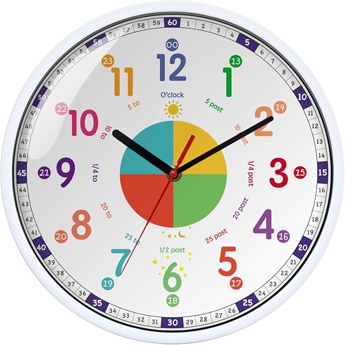 Wall Clock for Kids with Silent Non Ticking Sweep Quartz Mechanism - Easy to Read & Learn to Tell Time,Quiet Child Wall Clock Perfect for Parents and Teachers, Kids Bedroom or Classroom / 12 Inch