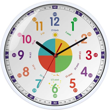 Wall Clock for Kids with Silent Non Ticking Sweep Quartz Mechanism - Easy to Read & Learn to Tell Time,Quiet Child Wall Clock Perfect for Parents and Teachers, Kids Bedroom or Classroom / 12 Inch