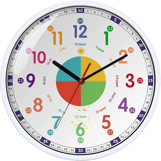 Wall Clock for Kids with Silent Non Ticking Sweep Quartz Mechanism - Easy to Read & Learn to Tell Time,Quiet Child Wall Clock Perfect for Parents and Teachers, Kids Bedroom or Classroom / 12 Inch
