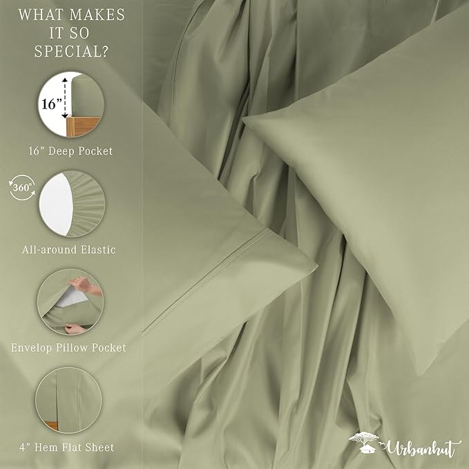 URBANHUT 800 Thread Count Egyptian Cotton Sheets Set Full Size, Luxury Full Size Bed Sheets, 4 Pc Bed Sheet Sets, Hotel Sheets Sateen Finish Fits 16" Deep Pocket - Sage