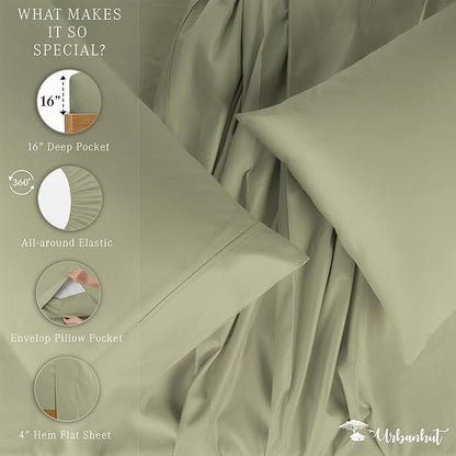 URBANHUT 800 Thread Count Egyptian Cotton Sheets Set Full Size, Luxury Full Size Bed Sheets, 4 Pc Bed Sheet Sets, Hotel Sheets Sateen Finish Fits 16" Deep Pocket - Sage