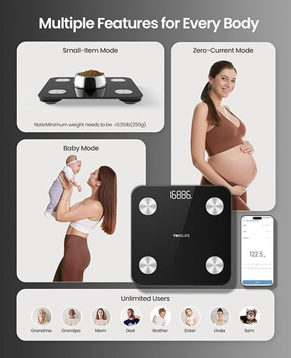 Scale for Body Weight, Digital Smart Bathroom Weight Scale with BMI, Body Fat, Muscle Mass, Accurate 20 Body Composition Scale, 10.2" Compact Platform with APP, 400lb, Black
