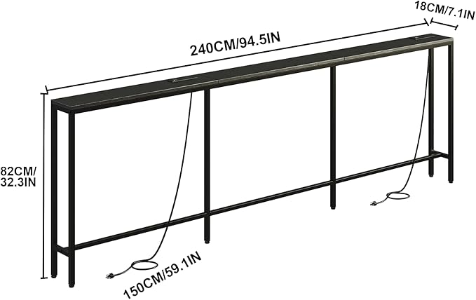 94.5" Behind Couch Table with 2 Fast Charging Stations, 7.1" Narrow Skinny Sofa Table with 4 Power Outlets, 4 USB-A, 2 USB-C for Console Entryway, Black