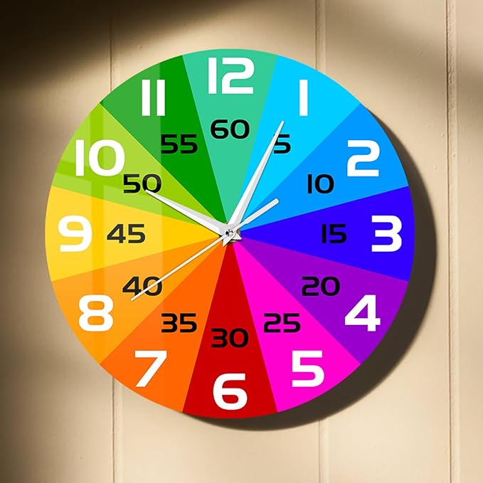 Rainbow Color Wheel Learning Clock, 12'' Telling Time Teaching Clock for Kids Analog Classroom Wall Clock Silent Movement Battery Operated for School Classroom Students Back to School Gifts