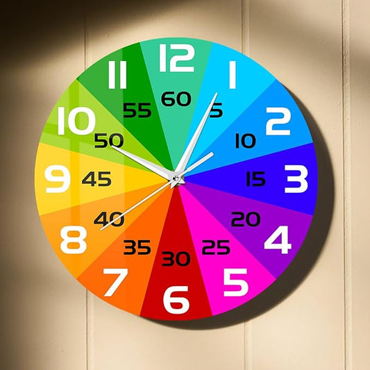 Rainbow Color Wheel Learning Clock, 12'' Telling Time Teaching Clock for Kids Analog Classroom Wall Clock Silent Movement Battery Operated for School Classroom Students Back to School Gifts