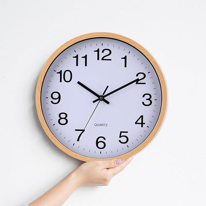 Wall Clock 12 Inch Wooden Frame Glass Cover Non-Ticking Number Quartz Modern Quartz Design Decorative Bedroom Kitchen Office Classroom Light Brown