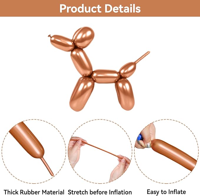 Metallic Champagne Gold Long Balloons Premium 260 Twisting Animals Magic Balloons for Birthday Kids Wedding Party Supply 100pcs