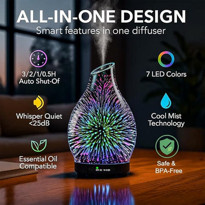 120ML Essential Oil Diffuser, 3D Glass Aromatherapy Diffuser with Auto Shut-Off and 7 Color LED Lights, Ultrasonic Mist Humidifier with 4 Timer for Home Office Bedroom (3D Fireworks)