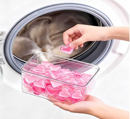 6-Piece Laundry Pod Storage Set. Transparent laundry storage container with bamboo lid and label, ideal for storing fabric softener, liquid detergent, laundry pods, and fragrance boosters.