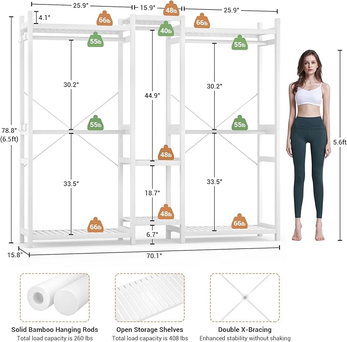Homykic Bamboo Closet System, Large Clothing Rack for Hanging Clothes, Freestanding Clothes Rack with 7 Shelves & 5 Hanging Rods, Open Wardrobe Closet Organizer Garment Rack with 4 Hooks, Pure White