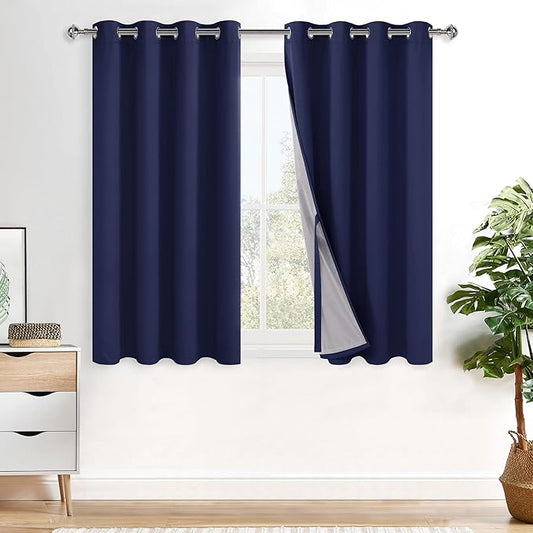 XWZO 100% Blackout Curtain Panels - Thermal Insulated Black Liner Curtains, Noise Reducing and Heat Blocking Drapes for Hall and Studio Windows with Tiebacks, Navy Blue, W52 x L45, Set of 2