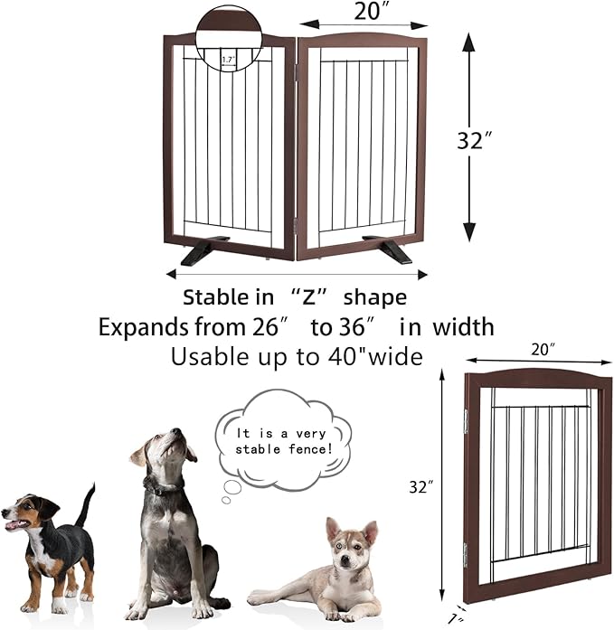 ZJSF Freestanding Dog Fence Indoor, Foldable Dog Gate for Doorways, Stairs or Hallways, Sturdy Wood Extra Wide Pet Gate with Support Feet for The House, Brown, 32 "Height-2 Panels