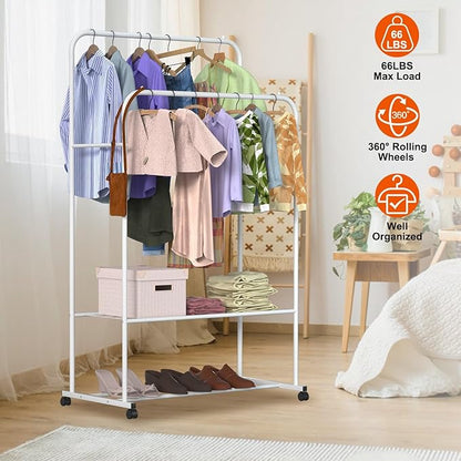Double Rods Clothes Rack, Rolling Clothing Rack for Hanging Clothes, Sturdy Metal Wardrobe Rack Garment Rack, Closet Organizer with Storage Shelf for Clothes Shoes Organization (White)