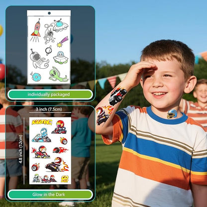 150+ Glow Kids Temporary Tattoos for Boys – Individually Wrapped, Waterproof, Glow in the Dark – Dinosaur, Ocean, Sports, Space