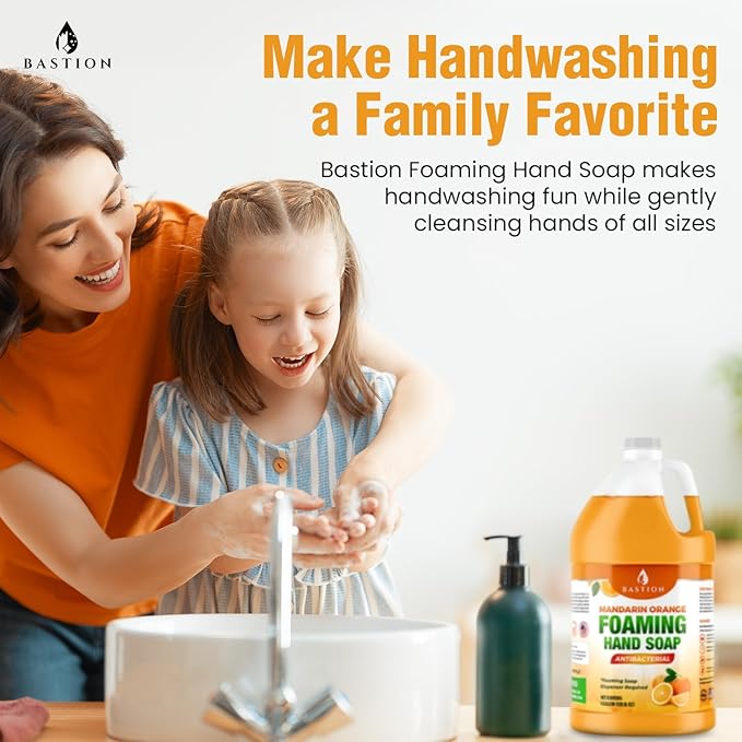 Bastion Foaming Antibacterial Hand Soap: Mandarin Orange Scented Instant Foam Hand Wash Refill 1 Gallon (128 oz) Bulk Jug. Made In The USA
