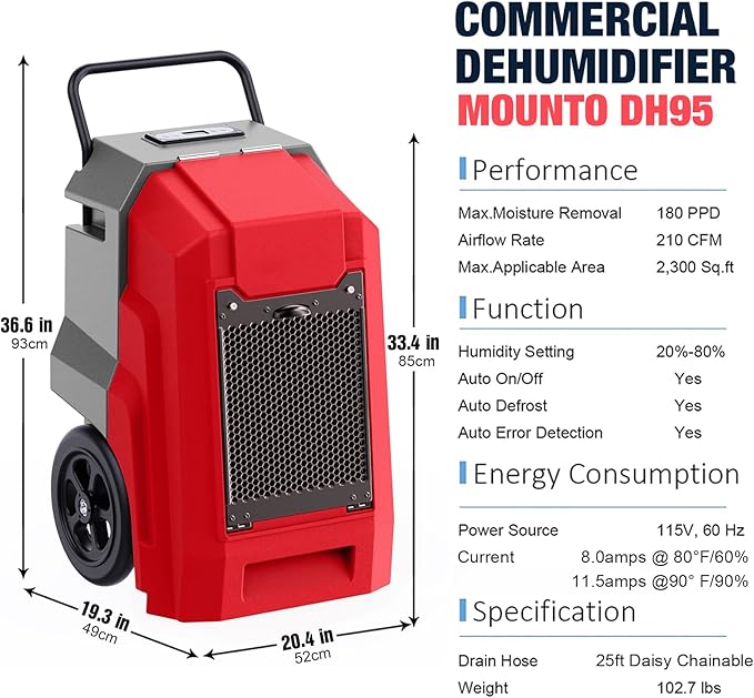 MOUNTO 180Pints LGR Industrial Dehumidifier with Pump and Drain Hose, Portable Commercial Dehumidifier with Wheels for Home, Basements, Garages, and Job Sites (Red)