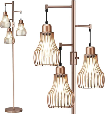 Dimmable Floor Lamps for Living Room, Industrial Tree Standing Tall Lamps with 3 Elegant Cage Shade & 800 Lumens LED Bulbs for Bedroom Office - Brown