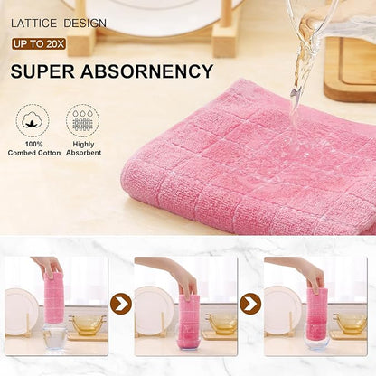 Mordimy 100% Cotton Terry Cloth Kitchen Towels, Super Soft and Absorbent Dish Towels for Drying, Checkered Designed Hand Towels for Kitchen, 16 x 26 Inches, 8 Pack, Pink