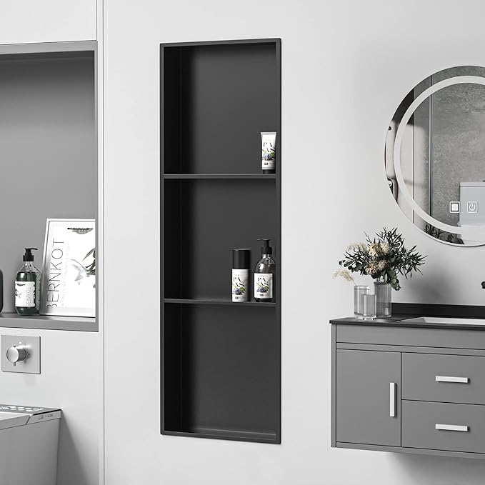 Stainless Steel Shower Niche 36" X 12" Matte Black No Tile Needed Wall Vertical Niche Three-Tier Shelves Recessed Shower Shelf for Bathroom Storage Over Mount Installation