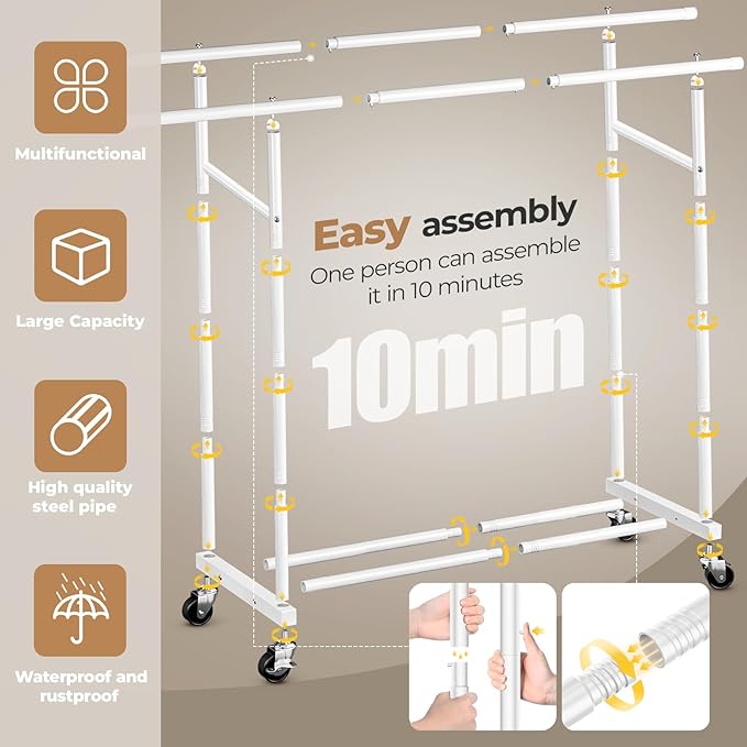 Abiglifty Clothes Rack for Hanging Clothes, Double Rods Clothing Rack with Wheels, Portable Closet for Laundry, Bedroom, White