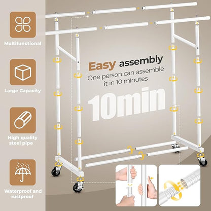 Abiglifty Clothes Rack for Hanging Clothes, Double Rods Clothing Rack with Wheels, Portable Closet for Laundry, Bedroom, White