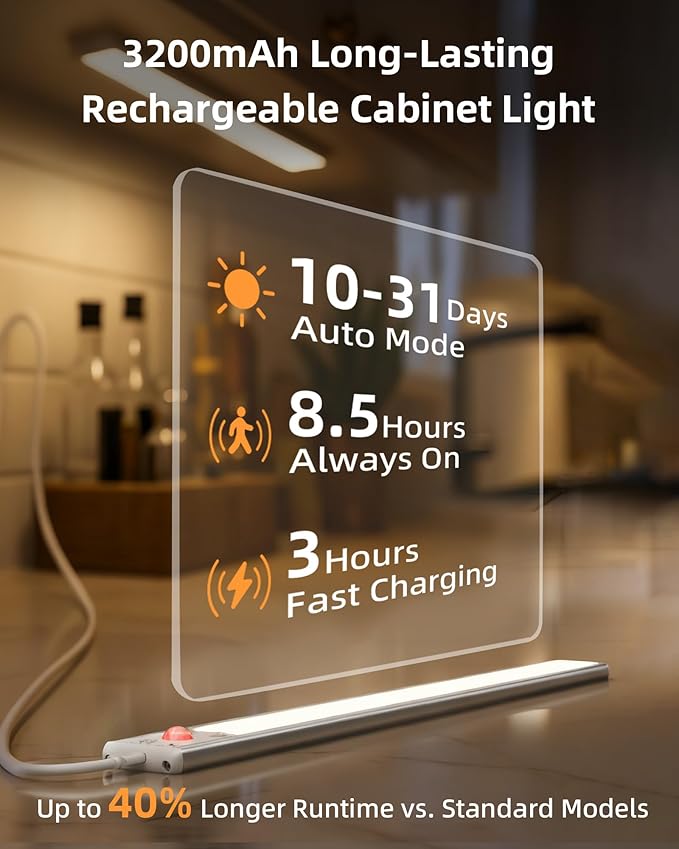 EZVALO 134 LED Under Cabinet Lights, 3200mAh Rechargeable Motion Sensor Light Indoor, Dimmable Magnetic Closet Lights with 3 Color Temps, Wireless Under Counter Lights for Kitchen, Stair (2 Pack)