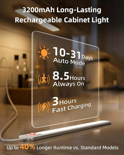 EZVALO 134 LED Under Cabinet Lights, 3200mAh Rechargeable Motion Sensor Light Indoor, Dimmable Magnetic Closet Lights with 3 Color Temps, Wireless Under Counter Lights for Kitchen, Stair (2 Pack)