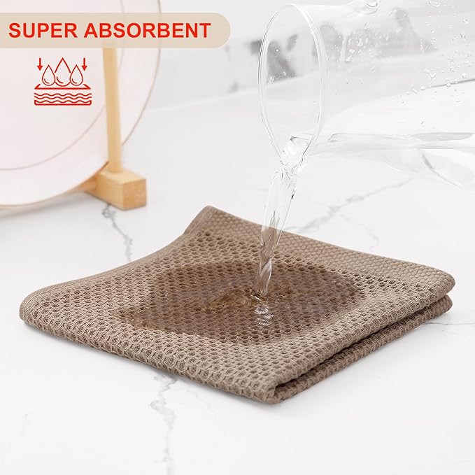 Kitinjoy 100% Cotton Kitchen Dish Cloths, 8 Pack Waffle Weave Ultra Soft Absorbent Towels for Drying Dishes, Quick Drying Kitchen Rags, 12 X 12 Inches, Tan