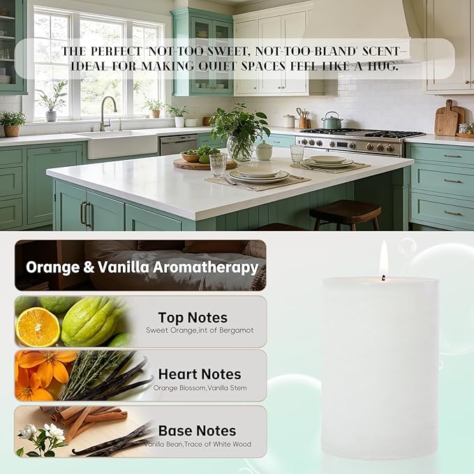 4 Pcs White Orange Vanilla Scented Pillar Candles, 60H Long-Lasting Burn,2.8x4in,Non-Toxic Smokeless,Warm Cozy Aromatherapy for Home Ambience/Relaxation,Ideal Gift for Birthday/Valentine's Day