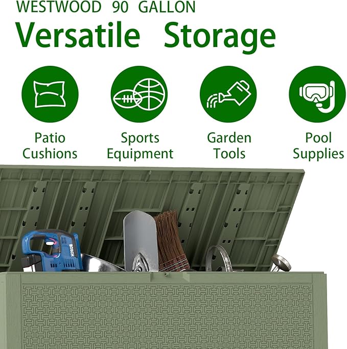 ZYJOYY Outdoor Storage Box, 90 Gallon Deck Box, Waterproof Resin Storage Bin for Patio Cushions, Gardening Tools, Lockable, UV Resistant,Olive Green