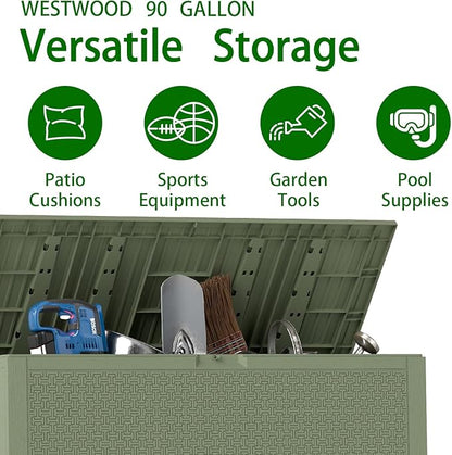 ZYJOYY Outdoor Storage Box, 90 Gallon Deck Box, Waterproof Resin Storage Bin for Patio Cushions, Gardening Tools, Lockable, UV Resistant,Olive Green