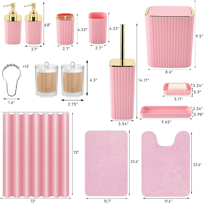 Pink Bathroom Set with Shower Curtain and Rugs- 25PC Bathroom Accessory Set, Pink Shower Curtain Set, Toilet Brush, Trash Can, Qtip Holder Dispenser & Soap Dispenser