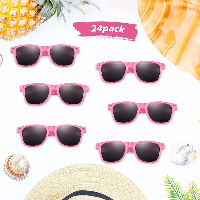 FEPITO 24 Pack Party Sunglasses Bulk for Birthday Party Favors Goody Bag Fillers for Beach Pool Party Toys for Adults, Pink