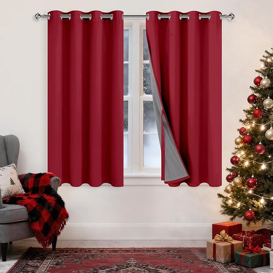 XWZO 100% Blackout Curtains with Tiebacks- Full Light Blocking & Energy Saving Window Panels with Black Liner for Bedroom/Basement/Party, Christmas Red, W52 x L54, Set of 2 Draperies