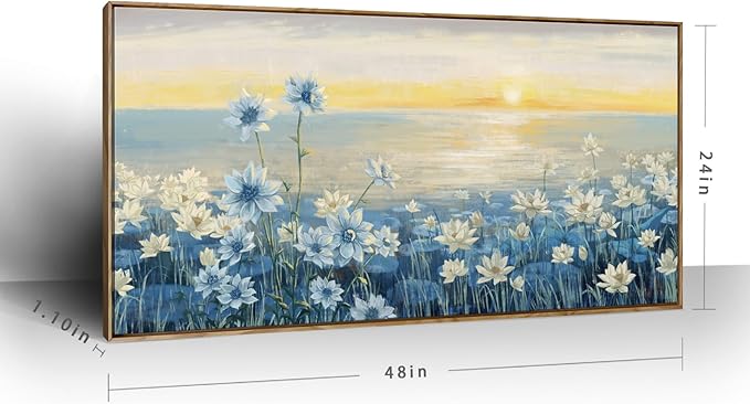 amatop Large Framed Wall Art for Living Room Bedroom Office Decor, Modern Beach Canvas Wall Art Coastal Ocean Nature Blue Artwork Floral Sunrise/Sunset Zen Landscape Flower Wall Picture 48"x24"