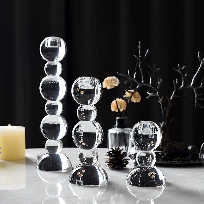 Kitcom Crystal Taper Candle Holders Bubble Designed Hand Cut Crystal Candlestick Holders Wedding Banquet Decorations Pack of 3, Comes with Gift Box