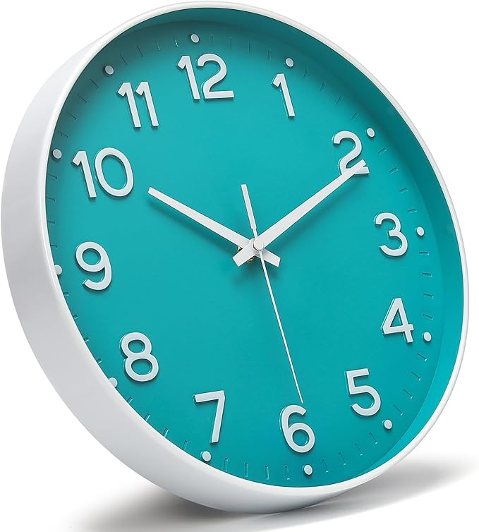 MEIRED Wall Clock 12 Inch Silent Non Ticking Battery Operated Round Wall Clock Modern Simple Style Decor Clock for Home/Office/School/Kitchen/Bedroom/Living Room, Teal and White