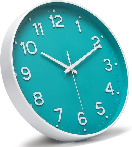 MEIRED Wall Clock 12 Inch Silent Non Ticking Battery Operated Round Wall Clock Modern Simple Style Decor Clock for Home/Office/School/Kitchen/Bedroom/Living Room, Teal and White